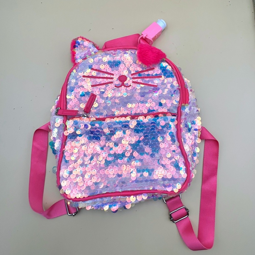 Pink Iridescent Sequin Cat Mini Backpack with Sanitizer Holder